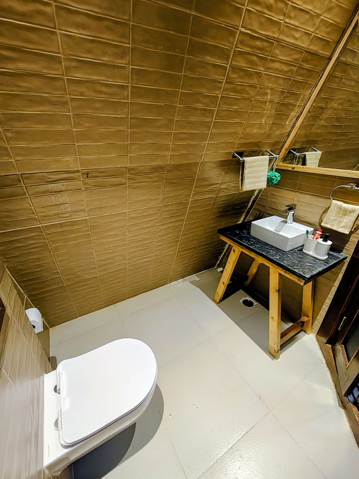 Timber-lined bathroom with a toilet and a wood-stand vanity sink